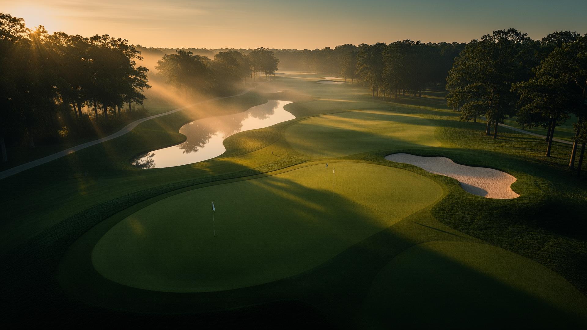 Early morning sunlight over a golf course